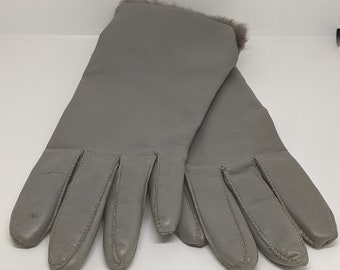 Vintage Grey Leather Gloves | Ladies Gloves | Fur Trimmed | Dainty | Stylish | Mid Century | Winter | Costume | Gray