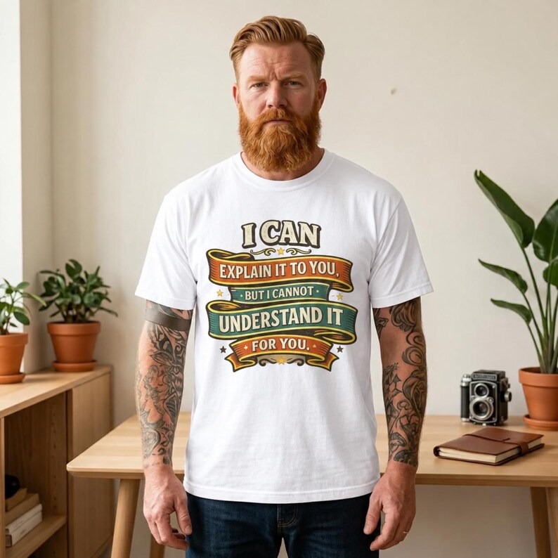 Bearded man wearing the "I Can Explain It to You, But I Can't Understand It for You" sarcastic teacher T-shirt by SarcasmArt in White.