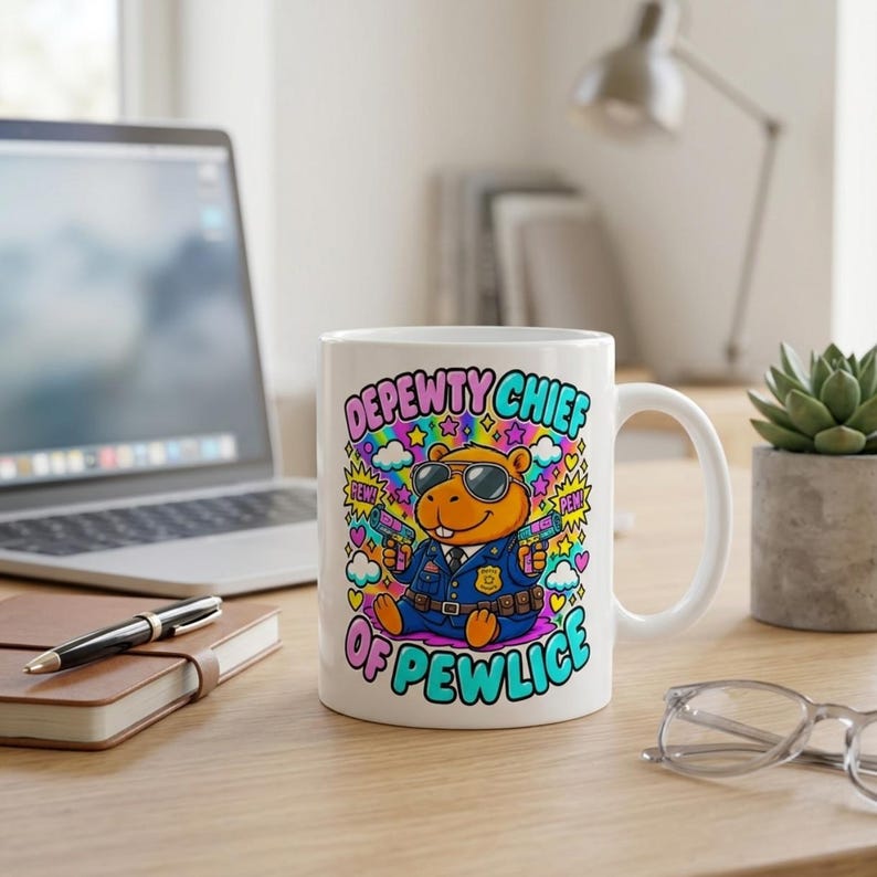 The "Depewty Chief of Pewlice" capybara coffee mug by SarcasmArt on a home office desk next to a laptop and glasses.