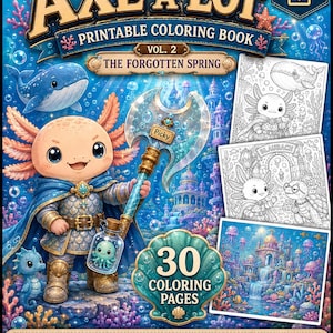 Desenhos de Axolote para Colorir para Imprimir – 30 Páginas Fantásticas Subaquáticas em PDF, Livro de Colorir Digital para Adultos e Crianças, Download Instantâneo