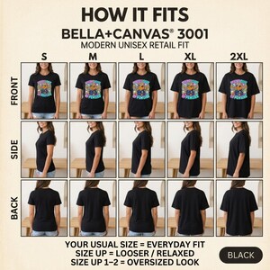 How the "Depewty Chief of Pewlice" capybara meme T-shirt by SarcasmArt fits: front, side and back views of the Bella+Canvas 3001 modern unisex retail fit in sizes S to 2XL – size up for a looser look.