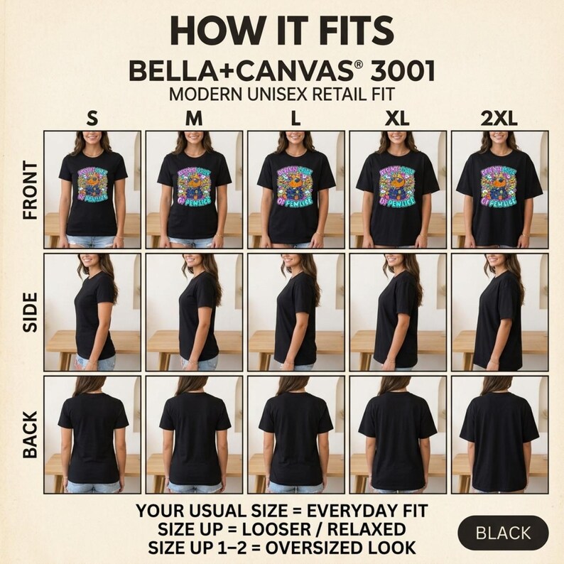 How the "Depewty Chief of Pewlice" capybara meme T-shirt by SarcasmArt fits: front, side and back views of the Bella+Canvas 3001 modern unisex retail fit in sizes S to 2XL – size up for a looser look.