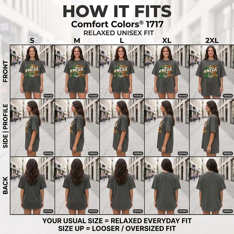 How the "#MEGA Make Europe Great Again" Ireland T-shirt by SarcasmArt fits: front, side and back views in sizes S to 2XL – your usual size for a relaxed everyday fit, size up for oversized.