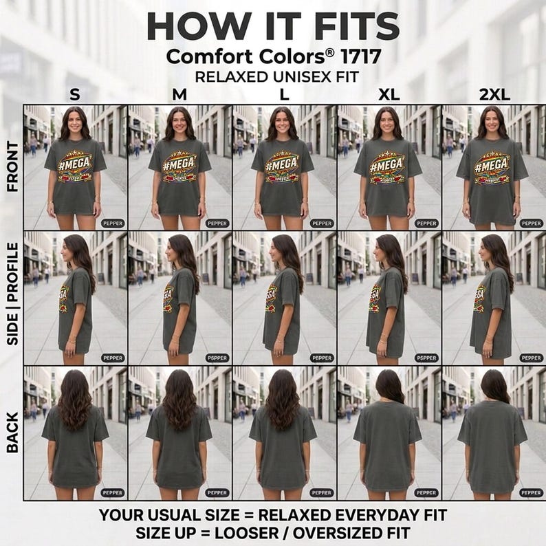 How the "#MEGA Make Europe Great Again" Rainbow Pride T-shirt by SarcasmArt fits: front, side and back views in sizes S to 2XL – your usual size for a relaxed everyday fit, size up for oversized.