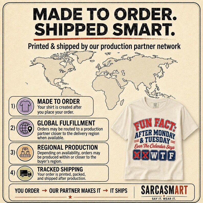 Made to order, shipped smart: the "Fun Fact: After Monday & Tuesday" WTF varsity work T-shirt by SarcasmArt is printed and shipped by our production partner network with regional production, global fulfillment and tracked shipping.