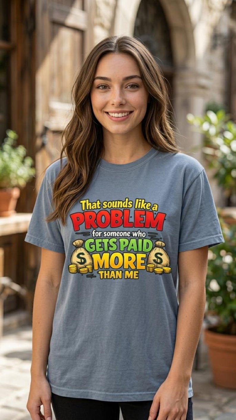 Smiling woman wearing the "That Sounds Like a Problem for Someone Who Gets Paid More Than Me" sarcastic coworker T-shirt by SarcasmArt in Blue Jean.