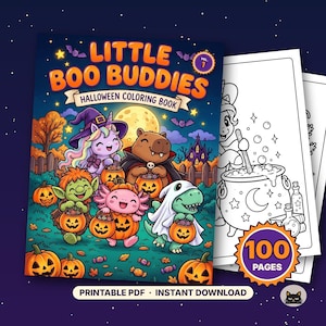 Peut inclure: Un livre de coloriage d'Halloween intitulé Little Boo Buddies Vol. 1 avec une couverture colorée montrant une licorne, un capybara, un gobelin, un axolotl et un dinosaure tenant des seaux citrouilles. Contient 100 pages PDF imprimables.