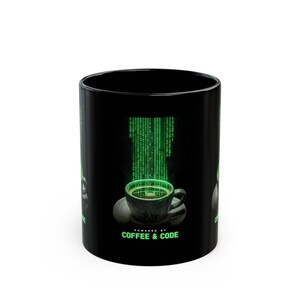 Coffee & Code Mug | Programmer Matrix Coffee Cup, Black Ceramic