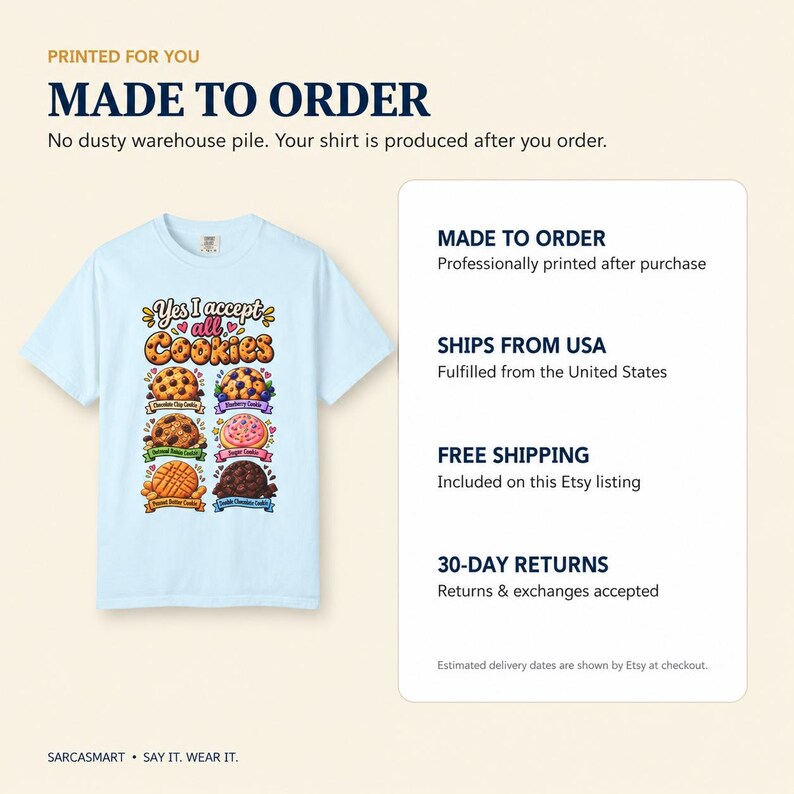 Made to order: the "Yes, I Accept All Cookies" funny programmer T-shirt by SarcasmArt is printed after purchase, ships from the USA with free shipping and 30-day returns.