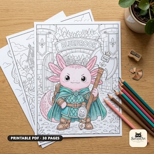 Pode incluir: Uma página de colorir imprimível com um axolote rosa vestido com armadura azul-petróleo e capa, segurando um grande machado com a etiqueta Picky. O fundo mostra um portão de castelo com o texto BLUEBROOK. Inclui lápis de cor e apontador.