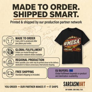 Made to order, shipped smart: the "#MEGA Make Europe Great Again" Germany T-shirt by SarcasmArt is printed and shipped by our production partner network with regional production, global fulfillment and free shipping.