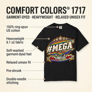 Comfort Colors 1717 fabric features of the "#MEGA Make Europe Great Again" Rainbow Pride T-shirt by SarcasmArt: heavyweight 100% ring-spun cotton, garment-dyed softness and a relaxed vintage look.