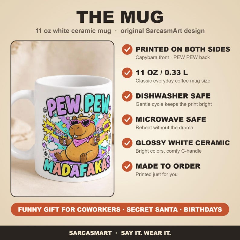 The mug behind the "Pew Pew Madafakas" capybara coffee mug by SarcasmArt: printed on both sides, 11 oz / 0.33 l, dishwasher safe, microwave safe, glossy white ceramic, made to order – a funny gift for coworkers, Secret Santa and birthdays.