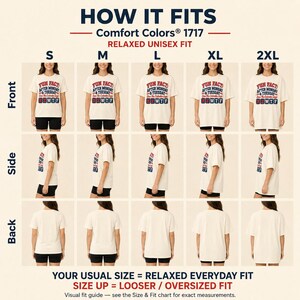 How the "Fun Fact: After Monday & Tuesday" WTF varsity work T-shirt by SarcasmArt fits: front, side and back views in sizes S to 2XL – your usual size for a relaxed everyday fit, size up for oversized.