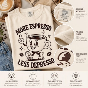 Fabric details of the Ivory "More Espresso, Less Depresso" retro coffee T-shirt by SarcasmArt: 100% ring-spun cotton, heavyweight garment-dyed fabric and high-quality print built to last.