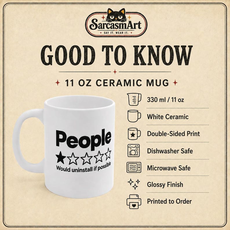 Good to know about the "People – 1 Star, Would Uninstall If Possible" sarcastic coffee mug by SarcasmArt: 11 oz white ceramic mug, double-sided print, dishwasher and microwave safe, glossy finish, printed to order.