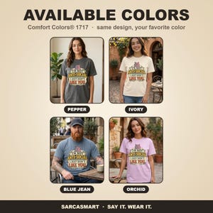 Available colors of the "I'm Not Anti-Social, I Just Don't Like You" sarcastic introvert T-shirt by SarcasmArt: Pepper, Ivory, Blue Jean and Orchid, all with the same retro print.