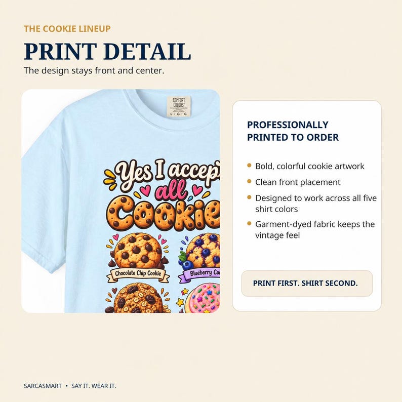 Print detail of the "Yes, I Accept All Cookies" funny programmer T-shirt by SarcasmArt: professionally printed to order, bold colors and clean placement on the chest.