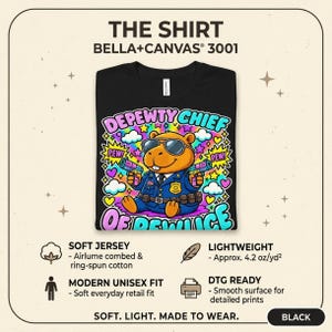 The shirt behind the "Depewty Chief of Pewlice" capybara meme T-shirt by SarcasmArt: Bella+Canvas 3001, soft jersey Airlume combed ring-spun cotton, lightweight 4.2 oz, modern unisex fit, smooth DTG-ready surface.