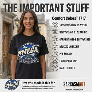 The important stuff about the "#MEGA Make Europe Great Again" Scotland T-shirt by SarcasmArt: Comfort Colors 1717, relaxed unisex fit, 100% ring-spun cotton, garment-dyed, sizes S–4XL, made to order, free shipping and 30-day returns.