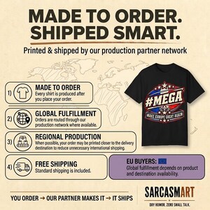 Made to order, shipped smart: the "#MEGA Make Europe Great Again" France T-shirt by SarcasmArt is printed and shipped by our production partner network with regional production, global fulfillment and free shipping.