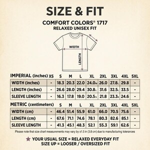 Size and fit chart for the "I Miss the Middle Finger Emoji in Work Chat" sarcastic office T-shirt by SarcasmArt (Comfort Colors 1717): imperial and metric width, length and sleeve length for sizes S to 4XL.