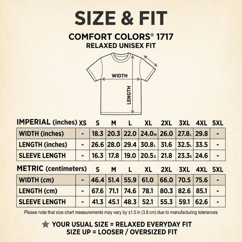 Size and fit chart for the "I Miss the Middle Finger Emoji in Work Chat" sarcastic office T-shirt by SarcasmArt (Comfort Colors 1717): imperial and metric width, length and sleeve length for sizes S to 4XL.