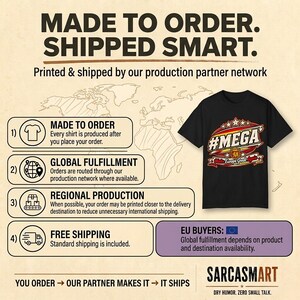 Made to order, shipped smart: the "#MEGA Make Europe Great Again" Spain T-shirt by SarcasmArt is printed and shipped by our production partner network with regional production, global fulfillment and free shipping.
