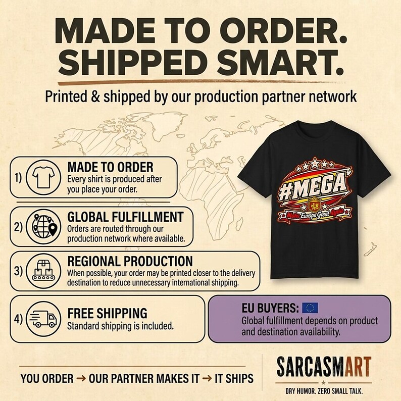 Made to order, shipped smart: the "#MEGA Make Europe Great Again" Spain T-shirt by SarcasmArt is printed and shipped by our production partner network with regional production, global fulfillment and free shipping.