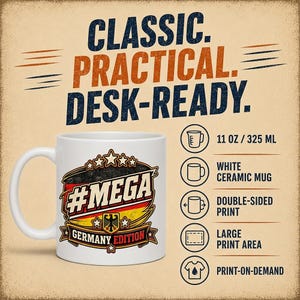 Classic, practical, desk-ready: the "#MEGA Make Europe Great Again" Germany coffee mug by SarcasmArt – 11 oz / 325 ml white ceramic, glossy finish, comfortable C-handle, dishwasher and microwave safe, made to order.