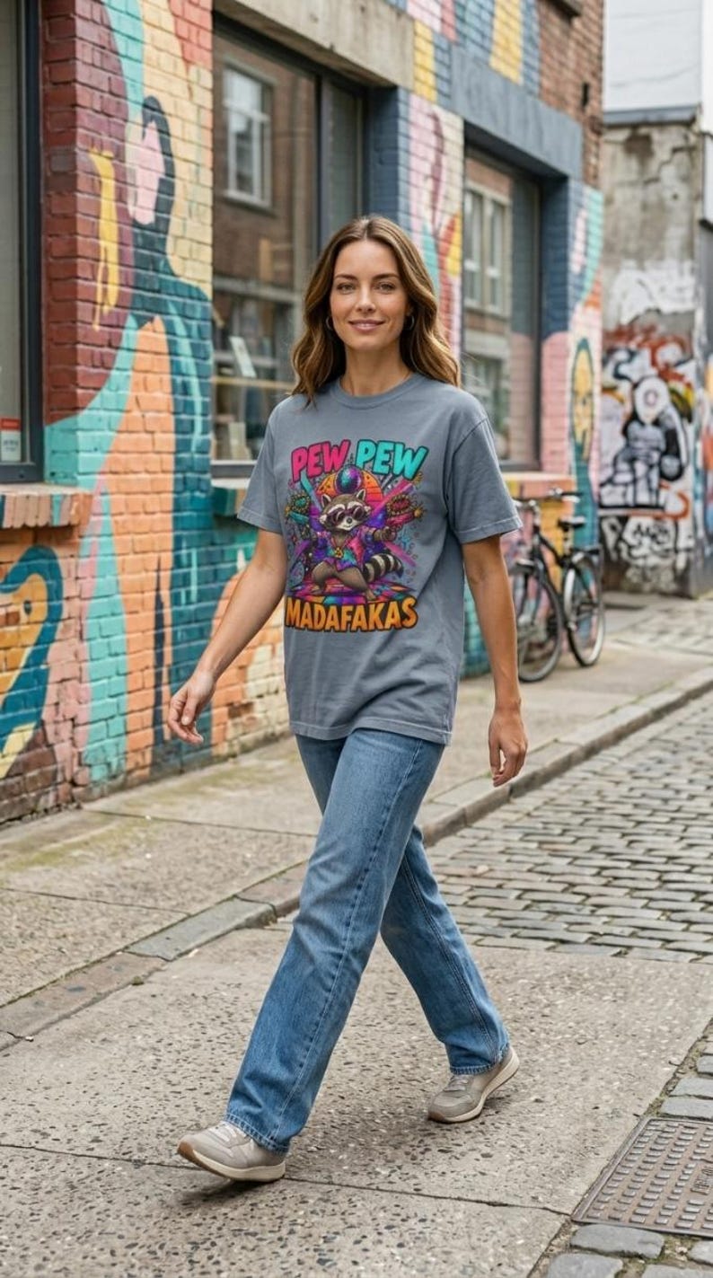 Woman walking past graffiti in an urban alley wearing the "Pew Pew Madafakas" raccoon meme T-shirt by SarcasmArt in Blue Jean.