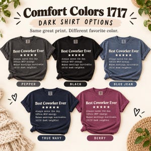 Comfort Colors 1717 dark shirt options for the personalized 5-star review T-shirt by SarcasmArt: Pepper, Black, Blue Jean, True Navy and Berry – same great print, different favorite color.