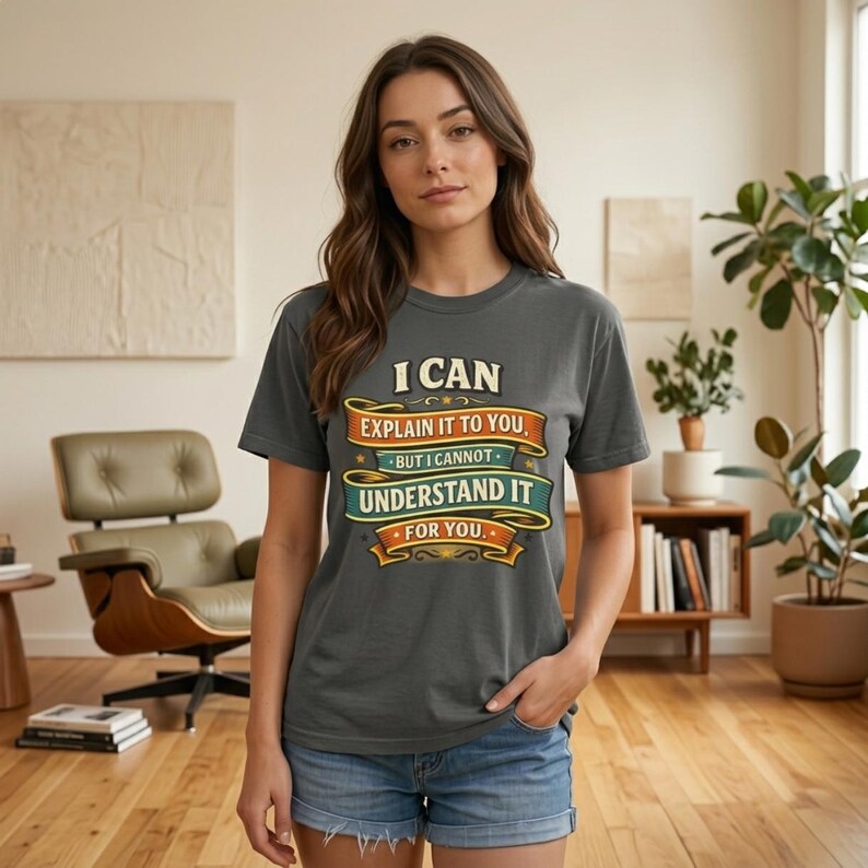 Woman in a mid-century living room wearing the "I Can Explain It to You, But I Can't Understand It for You" sarcastic teacher T-shirt by SarcasmArt in Pepper (washed charcoal).