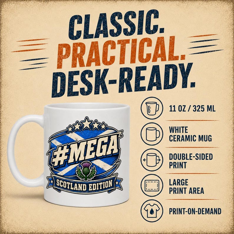 Scotland Mug – Make Europe Great Again Coffee Cup by SarcasmArt. A white ceramic mug with a capacity of 11 oz, featuring a double-sided print of a blue and white Scottish flag emblem with the text #MEGA SCOTLAND EDITION and a thistle graphic. The text CLASSIC. PRACTICAL. DESK-READY. is displayed above.