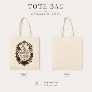 Front and back of the Natural "I Only Come Out at Night to Avoid People" gothic canvas tote bag by SarcasmArt: printed front, plain back, natural cotton canvas.