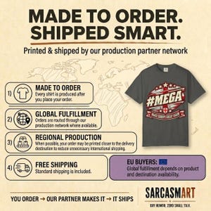 Made to order, shipped smart: the "#MEGA Make Europe Great Again" England T-shirt by SarcasmArt is printed and shipped by our production partner network with regional production, global fulfillment and free shipping.