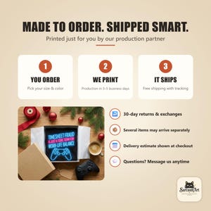 How ordering works for the "Timesheet Fraud Is Just a Toxic Term for Work-Life Balance" neon gamer T-shirt by SarcasmArt: you order, we print, it ships – made to order by our production partner, with tracked delivery and 30-day returns.