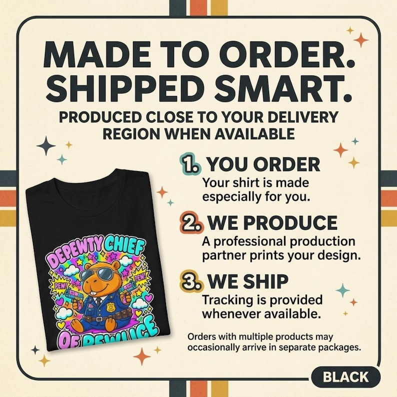 Made to order, shipped smart: the "Depewty Chief of Pewlice" capybara meme T-shirt by SarcasmArt is produced close to your delivery region when available – you order, we produce, we ship with tracking.