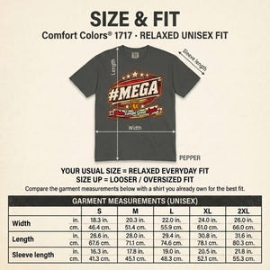 Size and fit chart for the "#MEGA Make Europe Great Again" Spain T-shirt by SarcasmArt (Comfort Colors 1717): width, length and sleeve in inches and centimeters for sizes S to 4XL.