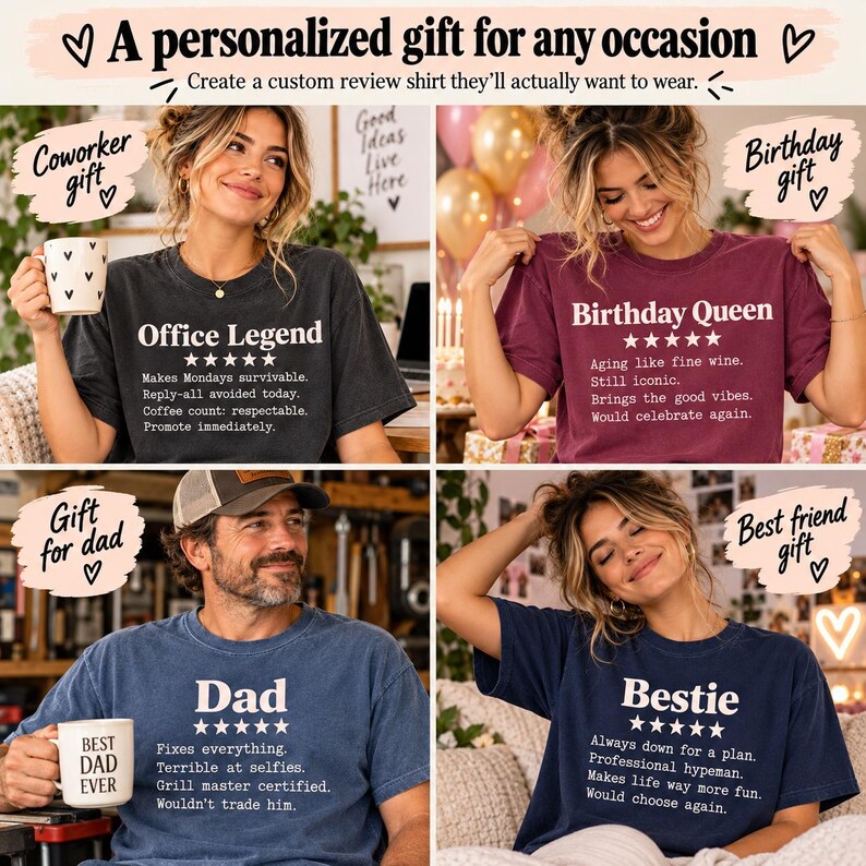 A personalized gift for any occasion: the personalized 5-star review T-shirt by SarcasmArt as Office Legend, Birthday Queen, Dad and Bestie versions – create a custom review shirt for anyone.