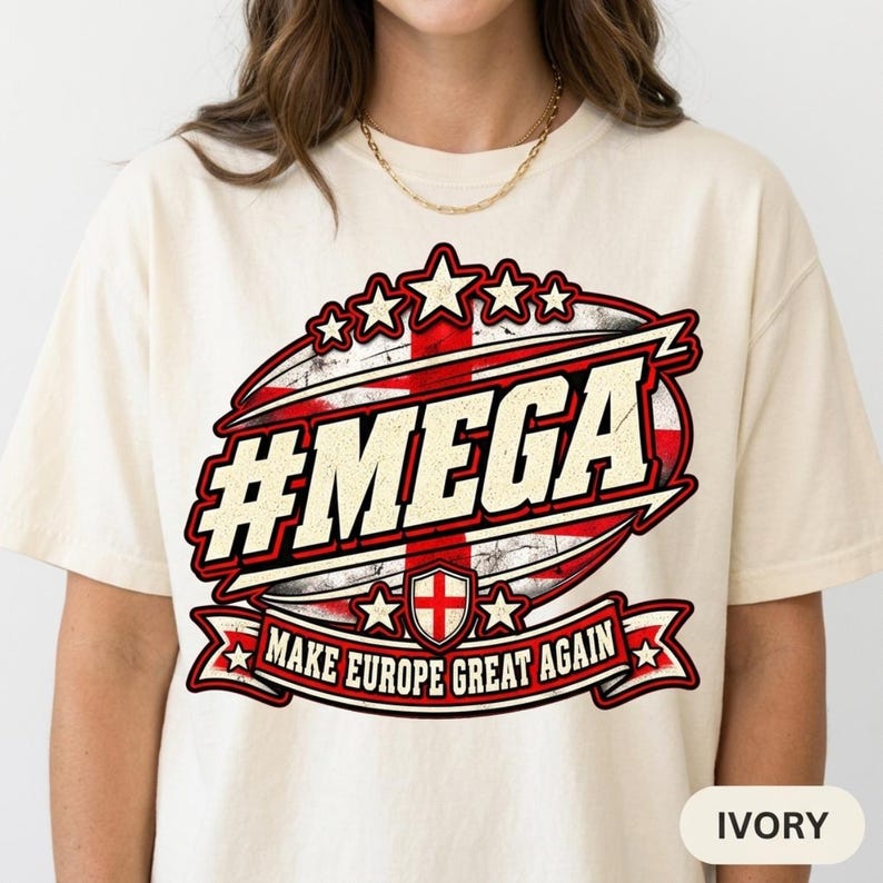Close-up of the "#MEGA Make Europe Great Again" England T-shirt by SarcasmArt in Ivory worn by a woman.