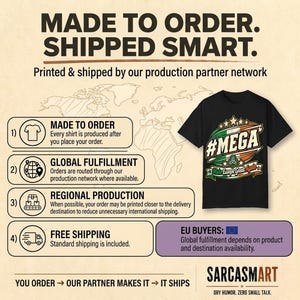 Made to order, shipped smart: the "#MEGA Make Europe Great Again" Ireland T-shirt by SarcasmArt is printed and shipped by our production partner network with regional production, global fulfillment and free shipping.