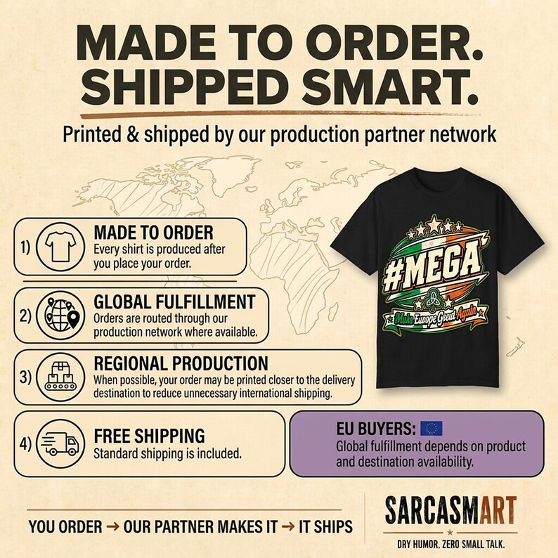 Made to order, shipped smart: the "#MEGA Make Europe Great Again" Ireland T-shirt by SarcasmArt is printed and shipped by our production partner network with regional production, global fulfillment and free shipping.