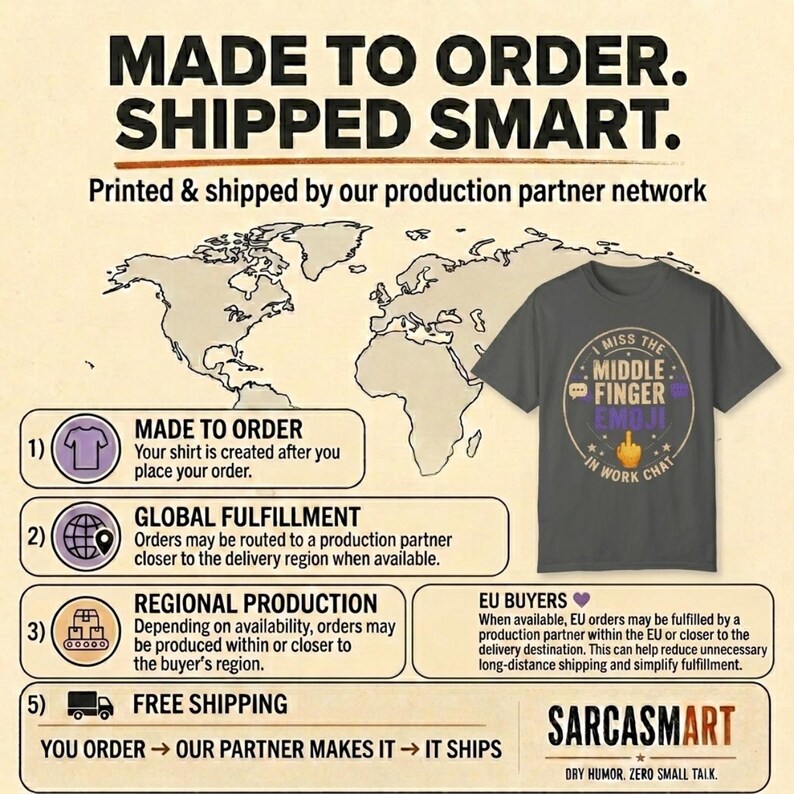 Made to order, shipped smart: the "I Miss the Middle Finger Emoji in Work Chat" sarcastic office T-shirt by SarcasmArt is printed and shipped by our production partner network with regional production, global fulfillment and free shipping.