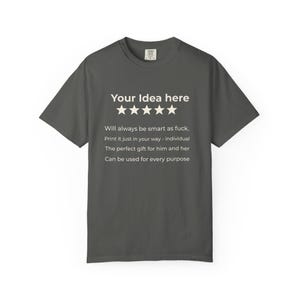 Pepper personalized 5-star review T-shirt by SarcasmArt template with Your idea here, five stars and custom text lines.