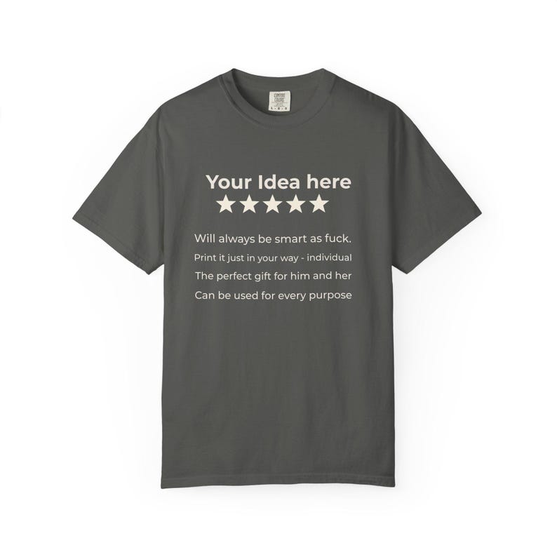 Pepper personalized 5-star review T-shirt by SarcasmArt template with Your idea here, five stars and custom text lines.
