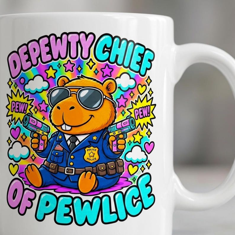 Close-up of the "Depewty Chief of Pewlice" capybara coffee mug by SarcasmArt: a capybara police officer in sunglasses and a blue uniform with colorful comic bursts and DEPEWTY CHIEF OF PEWLICE lettering.