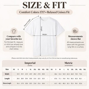 Size and fit chart for the personalized 5-star review T-shirt by SarcasmArt (Comfort Colors 1717, relaxed unisex fit): imperial and metric width, length and sleeve measurements.