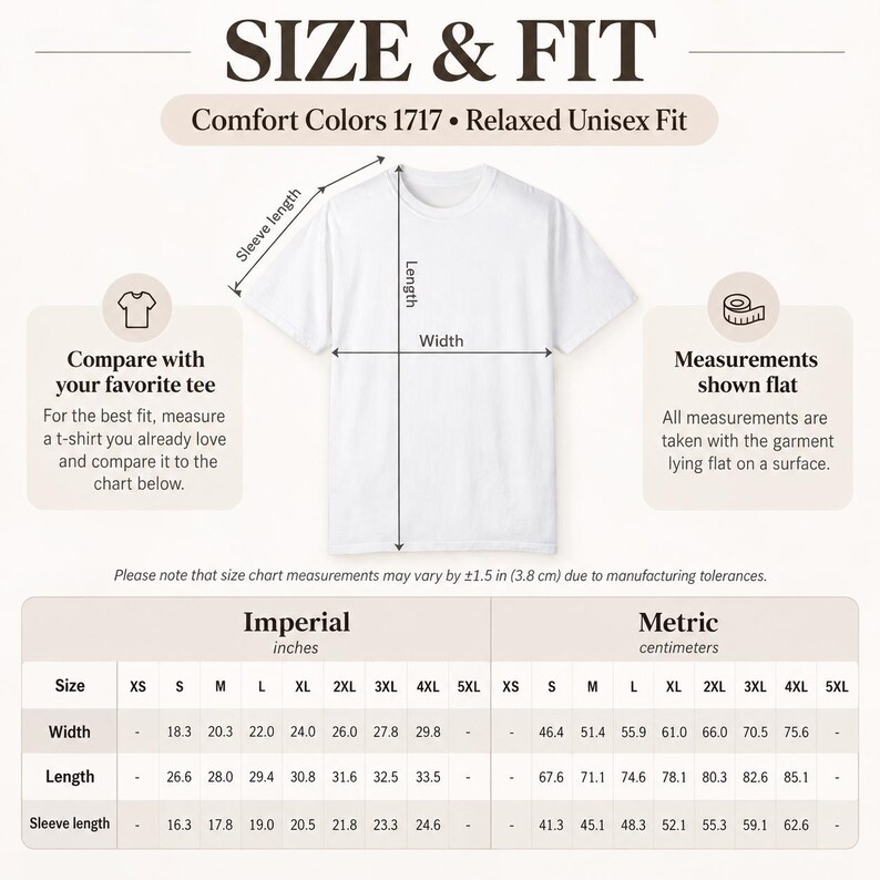 Size and fit chart for the personalized 5-star review T-shirt by SarcasmArt (Comfort Colors 1717, relaxed unisex fit): imperial and metric width, length and sleeve measurements.