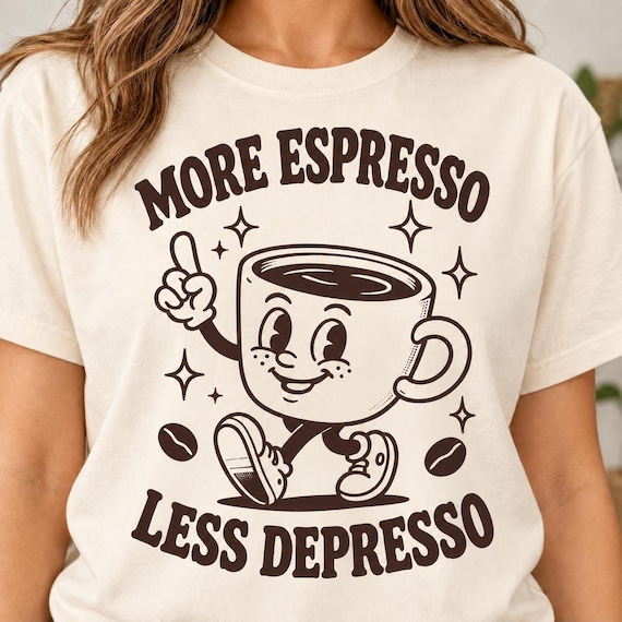 More Espresso Less Depresso Shirt by SarcasmArt – A retro coffee graphic for people powered by espresso.